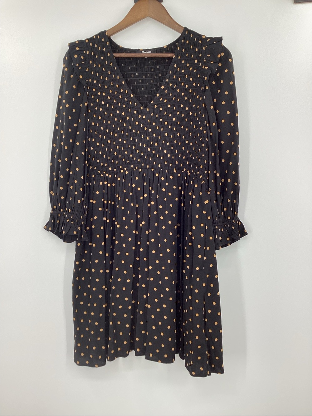 Madewell Lucie V-Neck Smocked Black Dress with Polka Dots